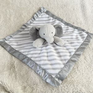 Cloud Island Elephant Lovey Security Blanket Gray White Stripes Satin Trim Baby